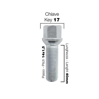 10 bulloni ch.17 14x1.5 l.40mm sferici