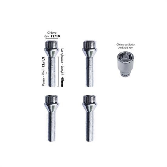 4 bulloni antifurto ch.17/19 12X1.5 l.45mm