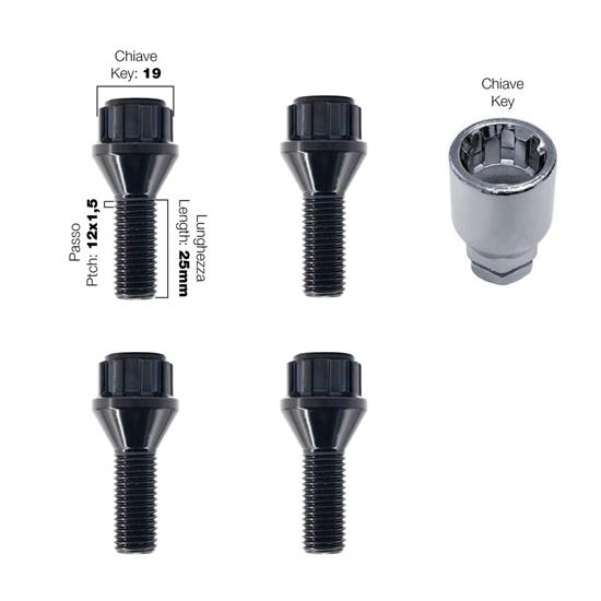 4 bulloni antifurto neri ch.17/19 12X1.5 l.25mm