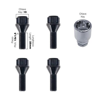 4 bulloni antifurto neri ch.17/19 12X1.5 l.25mm