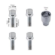 4 bulloni antifurto sferici ch.17/19 12X1.5 l.29mm