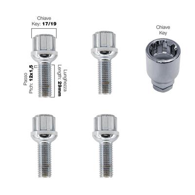 4 bulloni antifurto sferici ch.17/19 12X1.5 l.29mm