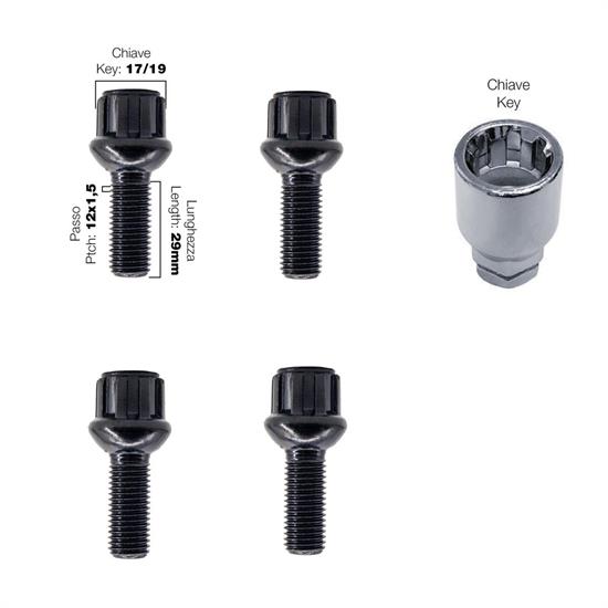 4 bulloni antifurto sferici neri ch.17/19 12X1.5 l.29mm