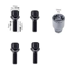 4 bulloni antifurto sferici neri ch.17/19 12X1.5 l.29mm