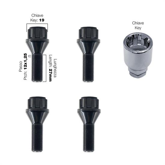 4 bulloni antifurto neri ch.17/19 12x1.25 l.27mm