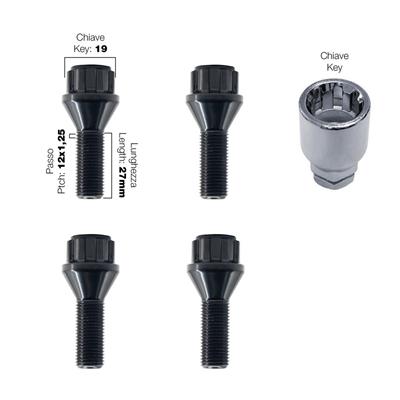 4 bulloni antifurto neri ch.17/19 12x1.25 l.27mm