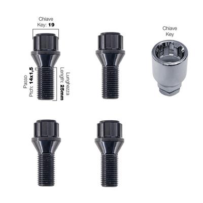4 antitheft black bolts key 17/19 14x1.5 l.25mm