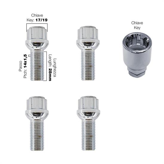 4 bulloni antifurto sferici ch.17/19 14x1.5 l.28mm