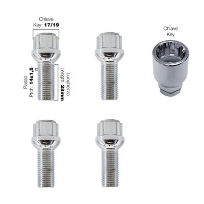 4 bulloni antifurto sferici ch.17/19 14x1.5 l.28mm
