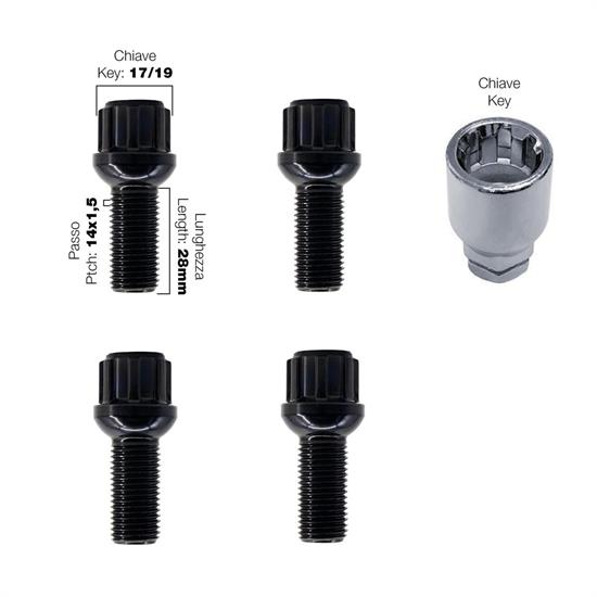 4 bulloni antifurto sferici neri ch.17/19 14x1.5 l.28mm