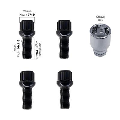 4 bulloni antifurto sferici neri ch.17/19 14x1.5 l.28mm