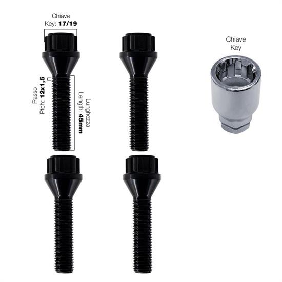4 bulloni antifurto neri ch.17/19 12X1.5 l.45mm