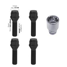 4 bulloni antifurto neri ch.17/19 12X1.25 l.50mm