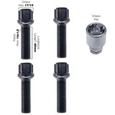 4 bulloni antifurto sferici neri ch.17/19 14X1.5 l.45mm