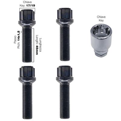 4 bulloni antifurto sferici neri ch.17/19 14X1.5 l.45mm