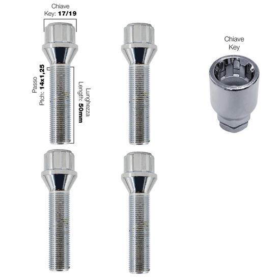 4 bulloni antifurto ch.17/19 14X1.25 l.50mm