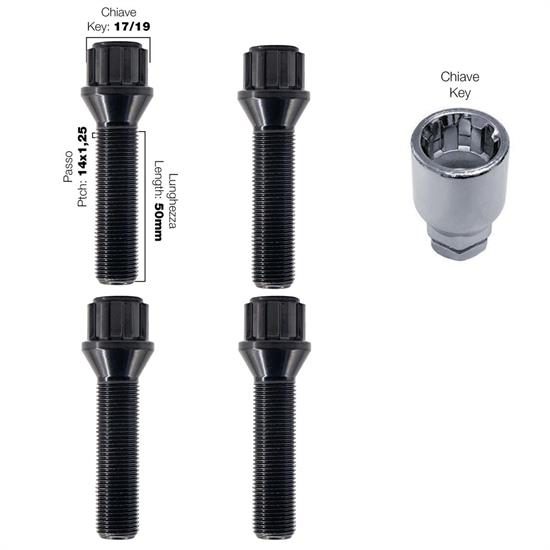 4 bulloni antifurto neri ch.17/19 14X1.25 l.50mm