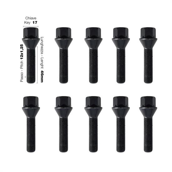 10 bulloni neri ch.17 12x1.25 l.46mm conici